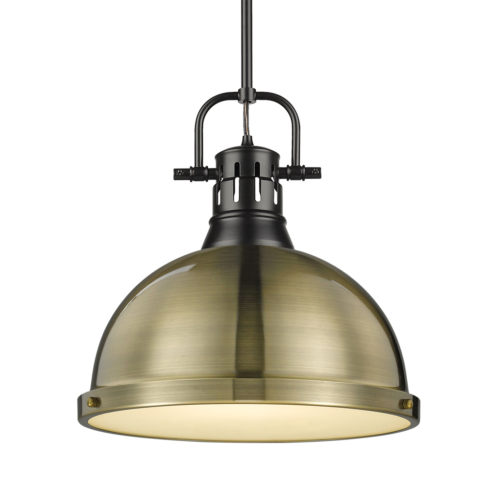 Yep by Golden Lighting Duncan 1-light 14in Rod Hung Pendant in Matte Black and Aged Brass shade